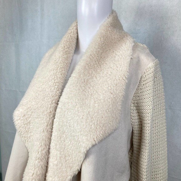 Chelsea & Theodore Cardigan Sz L Ivory Faux Suede Sherpa Shawl Collar Knit - Picture 2 of 8